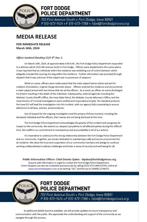 FORT DODGE POLICE DEPT. DCI ASSISTING FORT DODGE PD WITH OFFICER